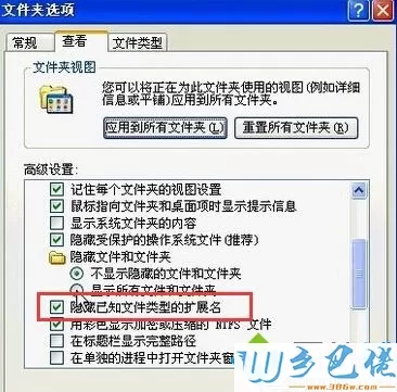 勾选“隐藏已知文件类型拓展名”选项